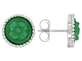 Carved Round Green Jadeite Rhodium Over Silver Stud Earrings