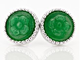 Carved Round Green Jadeite Rhodium Over Silver Stud Earrings