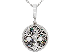 Mosaic Abalone Rhodium Over Sterling Silver Tree of Life Enhancer with 18" Chain