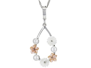 Pink & White Mother-Of-Pearl & Cultured Freshwater Pearl Rhodium Over Silver Enhancer With 18" Chain