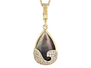 Gray Mother-of-Pearl & White Zircon 18k Yellow Gold Over Silver Wave Enhancer with Chain 0.50ctw