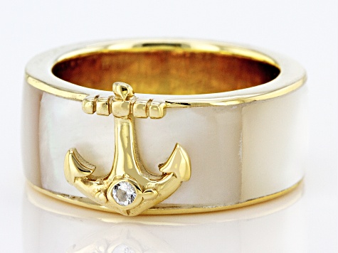 White Mother-of-Pearl 18k Yellow Gold Over Silver Anchor Band Ring