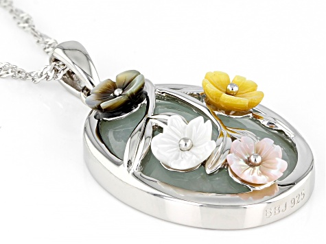 Jadeite with Multi Color Mother-Of-Pearl Flowers Rhodium Over Sterling Silver Pendant with Chain