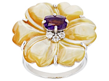 Picture of Golden Mother-of-Pearl, Amethyst & White Zircon Rhodium Over Silver Hibiscus Ring 25mm, 0.93ctw