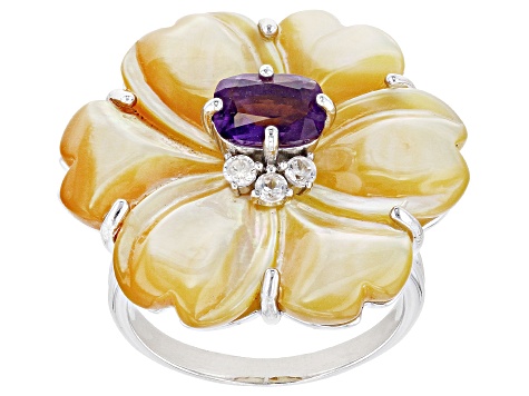 Golden Mother-of-Pearl, Amethyst & White Zircon Rhodium Over Sterling Silver Floral Ring 0.93ctw