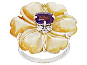 Golden Mother-of-Pearl, Amethyst & White Zircon Rhodium Over Sterling Silver Floral Ring 0.93ctw