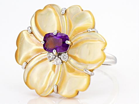 Golden Mother-of-Pearl, Amethyst & White Zircon Rhodium Over Sterling Silver Floral Ring 0.93ctw