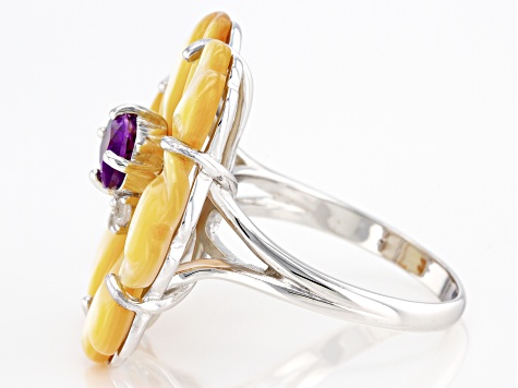 Golden Mother-of-Pearl, Amethyst & White Zircon Rhodium Over Sterling Silver Floral Ring 0.93ctw