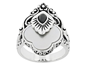 White Mother-Of-Pearl and Charcoal Jadeite Sterling Silver Ring