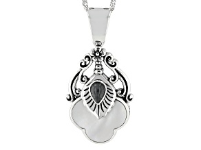 White Mother-Of-Pearl and Charcoal Jadeite Sterling Silver Enhancer with 18"Chain