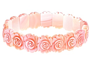 Hand Carved Pink Conch Shell Fancy Rose Station Stretch Bracelet