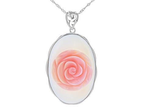 Pink Conch Shell Rhodium Over Silver Fancy Rose Pendant with Chain