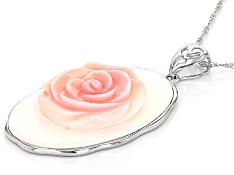 Pink Conch Shell Rhodium Over Silver Fancy Rose Pendant with Chain