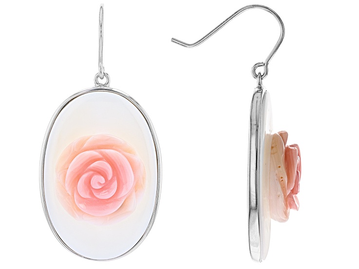 Pink Conch Shell Rhodium Over Silver Rose Dangle Earrings 30x20mm