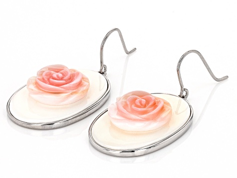 Pink Conch Shell Rhodium Over Silver Rose Dangle Earrings