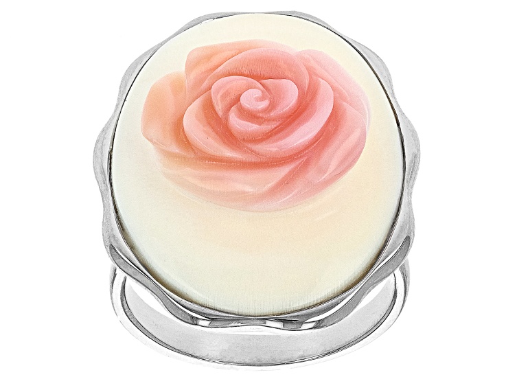 Pink Conch Shell Rhodium Over Silver Rose Ring