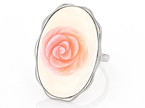 Pink Conch Shell Rhodium Over Silver Rose Ring