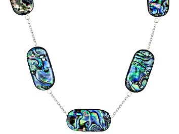 Picture of 30x15mm Rectangular Cushion Triplet Bead Abalone Shell Rhodium Over Sterling Silver Station Necklace