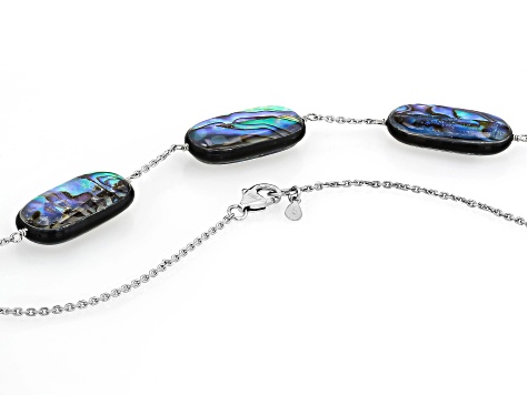 Triplet Bead Abalone Shell Rhodium Over Sterling Silver Station Necklace 30x15mm