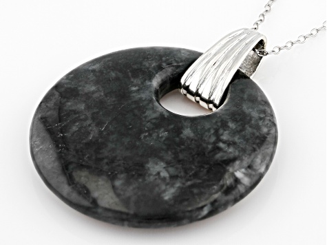Charcoal Jadeite Rhodium Over Silver Disc Pendant with Chain