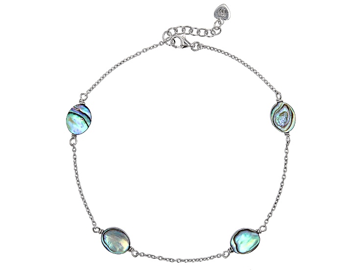Multicolor Abalone Shell Rhodium Over Sterling Silver Anklet