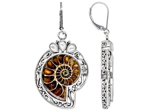 Brown Ammonite Shell with White Mother-Of-Pearl Sterling Silver Dangle Earrings