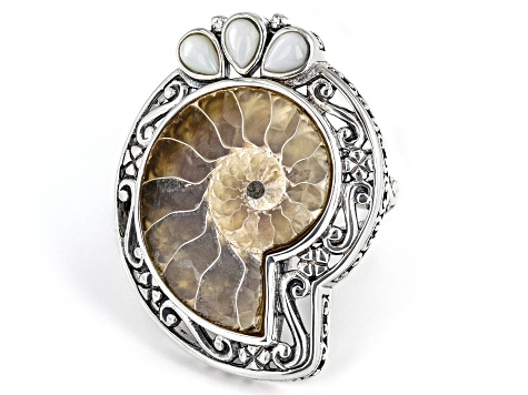 Ammonite Shell with White Mother-of Pearl Sterling Silver Ring