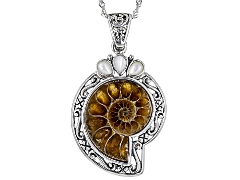 Brown Ammonite Shell with White Mother-Of-Pearl Sterling Silver Enhancer with Chain