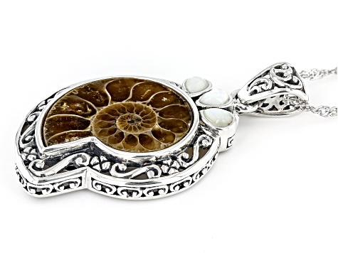 Brown Ammonite Shell with White Mother-Of-Pearl Sterling Silver Enhancer with Chain