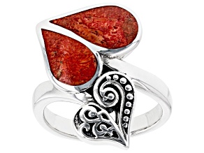 Red Coral Inlay Sterling Silver Heart Ring