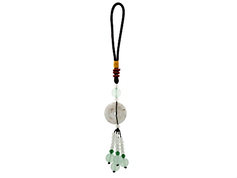 Green Jadeite and Green and White Glass Beads, Silk Cord Beaded Key Chain