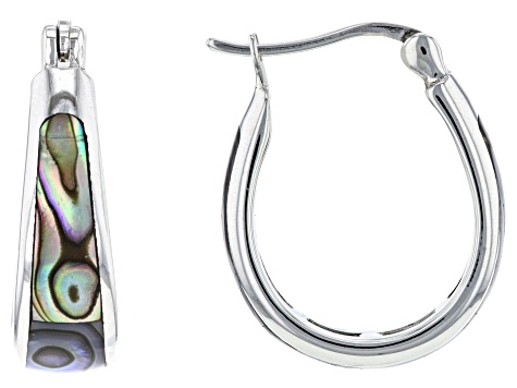 Multi Color Abalone Shell Rhodium Over Sterling Silver Hoop Earrings