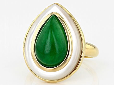 Green Jadeite With White Mother-Of-Pearl 18k Yellow Gold Over Sterling Silver Ring