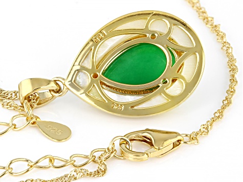 Green Jadeite With White Mother-Of-Pearl 18k Yellow Gold Over Silver Pendant With Chain