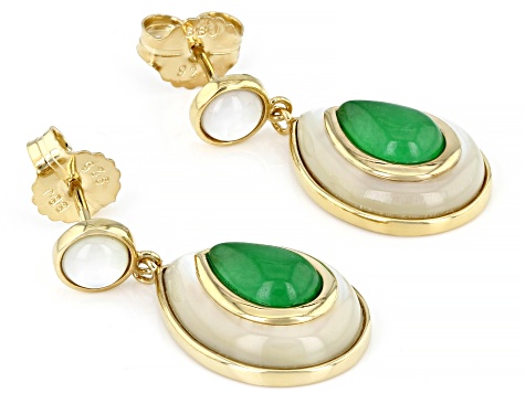 Pear Green Jadeite With Multi-Shape White Mother-Of-Pearl 18k Yellow Gold Over Silver Earrings