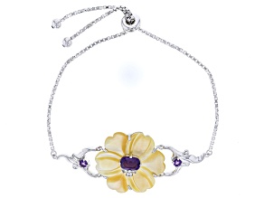 Golden Mother-Of-Pearl with Amethyst & White Zircon Rhodium Over Silver Flower Bolo Bracelet
