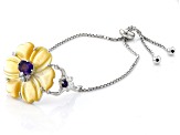 Golden Mother-Of-Pearl with Amethyst & White Zircon Rhodium Over Silver Flower Bolo Bracelet