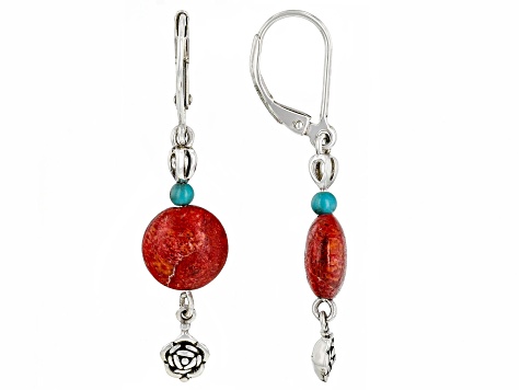 Red Sponge Coral With Turquoise Oxidized Sterling Silver Dangle Earrings