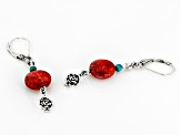 Red Sponge Coral With Turquoise Oxidized Sterling Silver Dangle Earrings