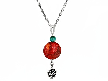 Picture of Red Sponge Coral With Turquoise Oxidized Sterling Silver Pendant With Chain