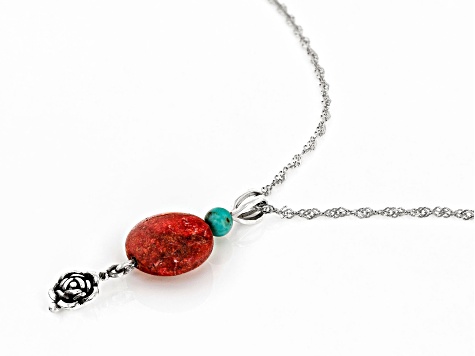 Red Sponge Coral With Turquoise Oxidized Sterling Silver Pendant With Chain