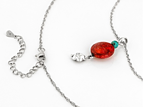Red Sponge Coral With Turquoise Oxidized Sterling Silver Pendant With Chain