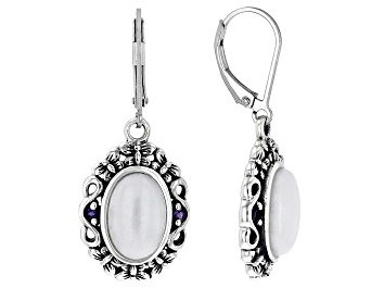 Picture of White Jadeite With Amethyst Rhodium Over Silver Dangle Earrings .06ctw