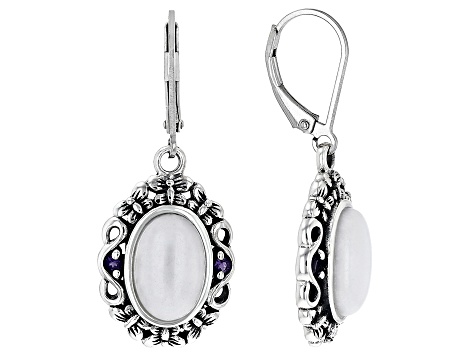 White Jadeite With Amethyst Rhodium Over Silver Dangle Earrings .06ctw