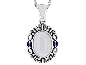 White Jadeite With Purple Amethyst Rhodium Over Silver Enhancer With Chain 0.10ctw