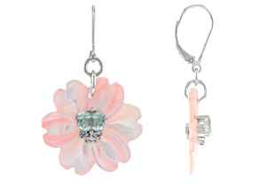 Pink Mother-of-Pearl, Prasiolite & White Zircon Rhodium Over Sterling Silver Flower Earrings 1.66vye