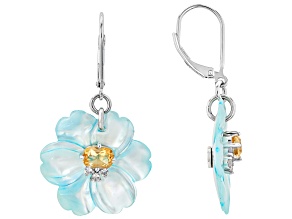Blue Mother-of-Pearl With Citrine & White Zircon Rhodium Over Silver Earrings, 25mm, 1.98ctw