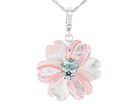Pink Mother-of-Pearl, Prasiolite & White Zircon Rhodium Over Silver Flower Enhancer/Chain 1.94ctw