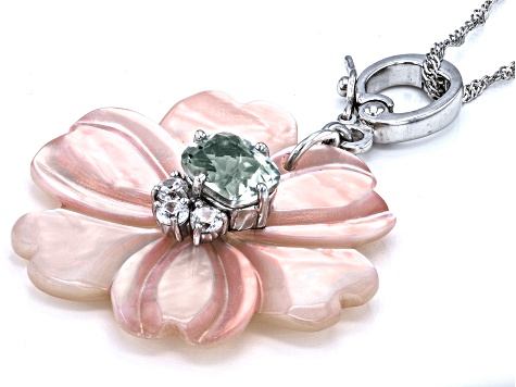 Pink Mother-of-Pearl, Prasiolite & White Zircon Rhodium Over Silver Flower Enhancer/Chain 1.94ctw
