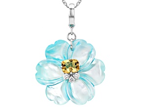 Blue Mother-of-Pearl, Citrine & Zircon Rhodium Over Silver Flower Enhancer With Chain, 35mm, 2.43ctw